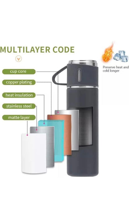 Stainless Steel Thermo Vacuum Insulated Bottle Water Flask Gift Set with Two Cups